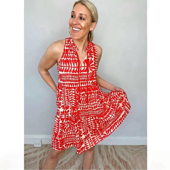 Joy Joy Tiered Trim Halter Dress in Red Rowan Size Small - Picture 2 of 9